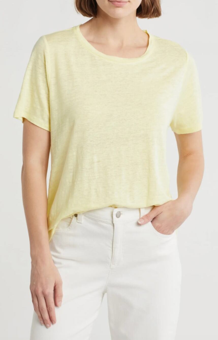 Eileen Fisher Crewneck Short Sleeve Organic Linen Tee Shirt Citrus Yellow M NWT